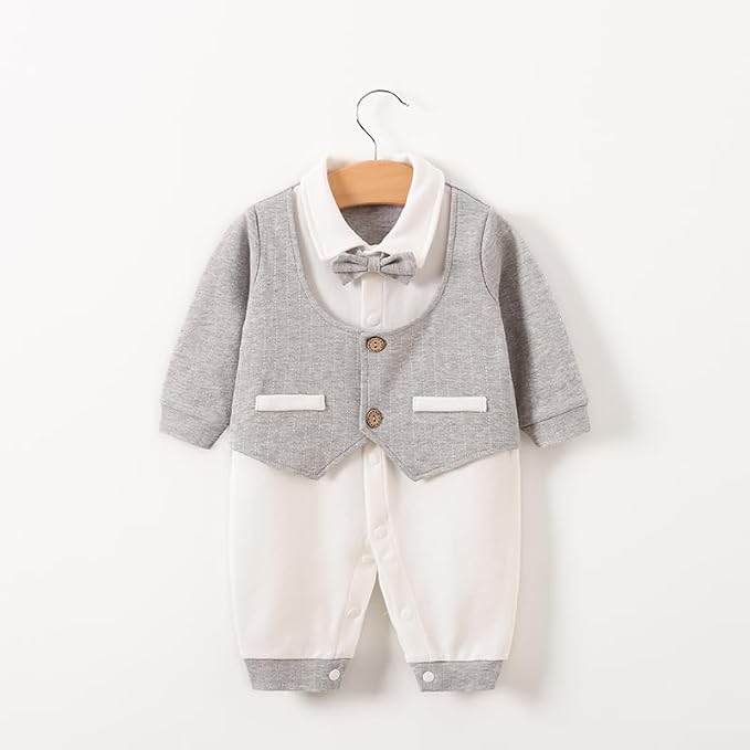 HUAANIUE Newborn Baby Boys Gentleman Romper One Piece Long Sleeve Bowtie Outfit - Image 2