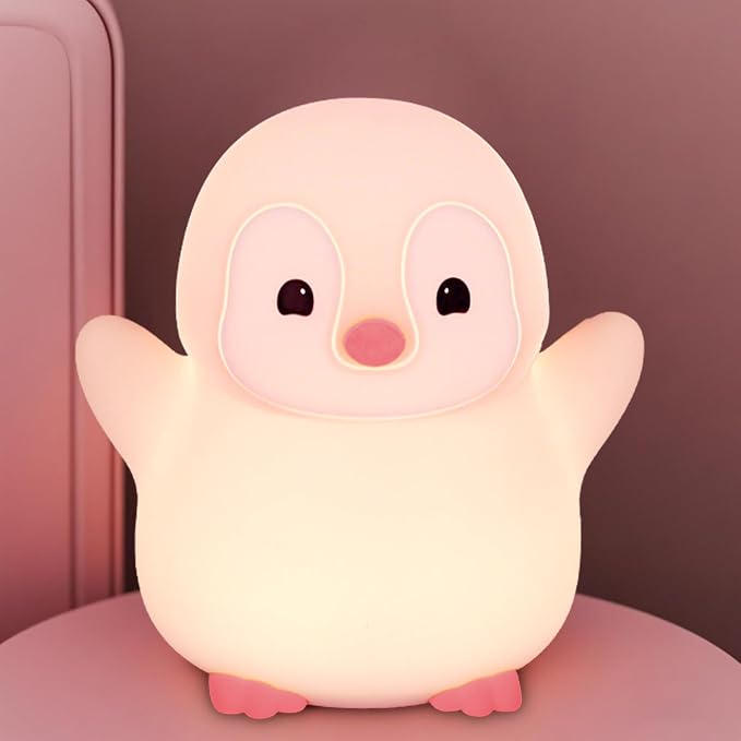 Pink Penguin Night Light, Food Grade Soft Silicone Nursery Nightlight by FAMIDUO-BrightenYourLife