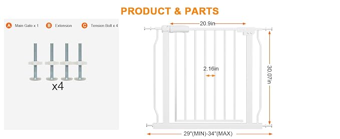 Narrow Baby Gates for Stairs Doorways Auto Close Tension White Metal Child Pet - Image 2