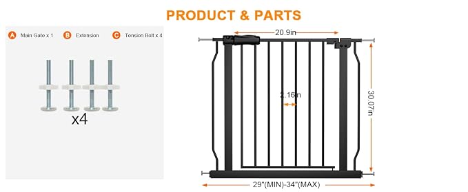 Narrow Baby Gates for Stairs Doorways Auto Close Tension Black Metal Child Pet - Image 2