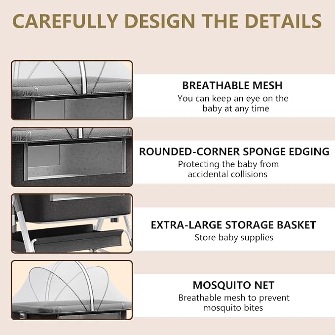 Baby Bassinet, 3 in 1 Baby Bassinets Bedside Sleeper - Image 5