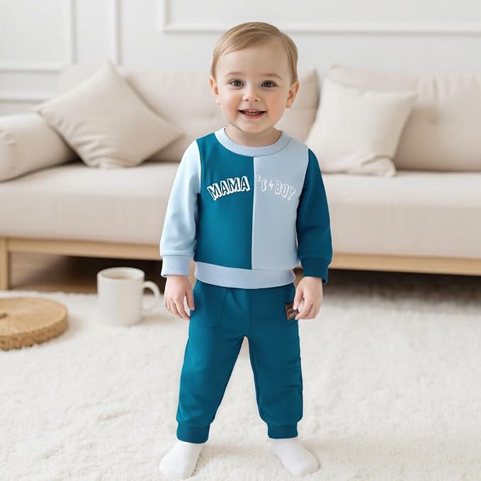 Baby Boy Fall Outfits Mama's Boy Letter Print Color Block Sweatshirt And Pants - Image 2