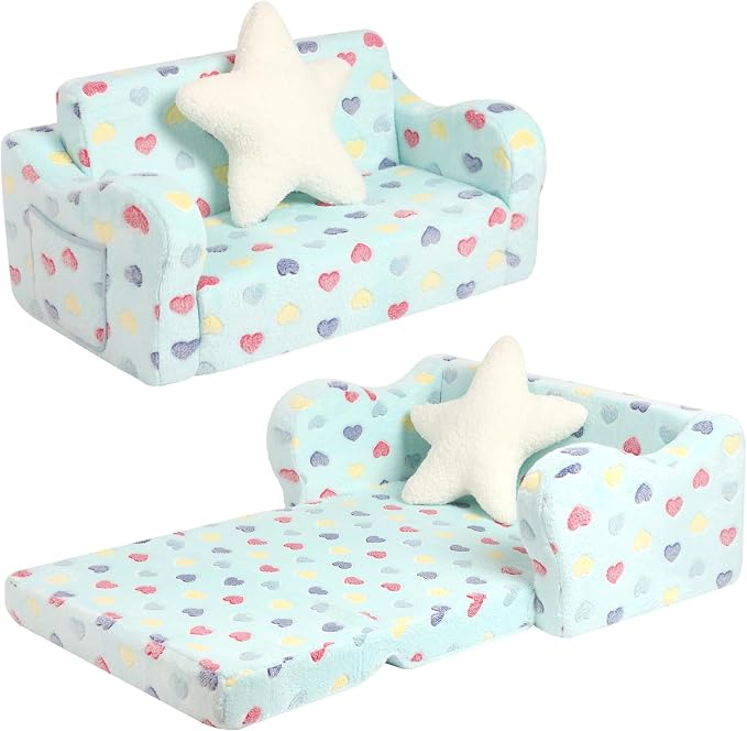 Extra Wider Seating Toddler Couch, 2-in-1 Toddler Soft Couch Fold Out by MOMCAYWEX