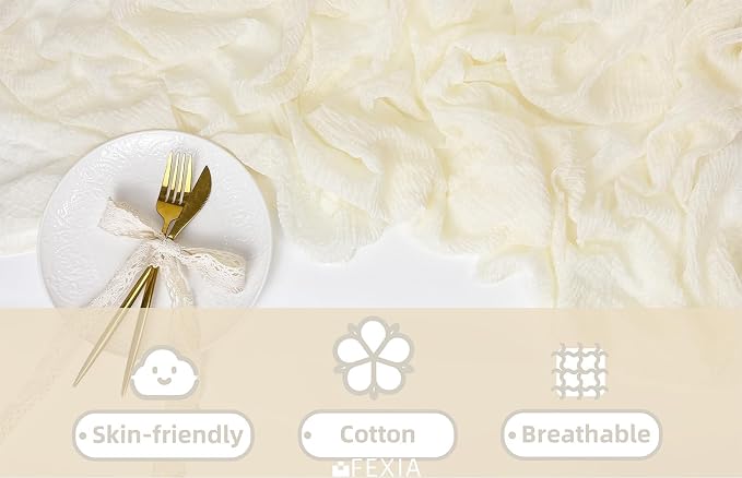 FEXIA Beige Table Runner Ivory Cheesecloth Table Runner 30x118 Inches Rustic - Image 6