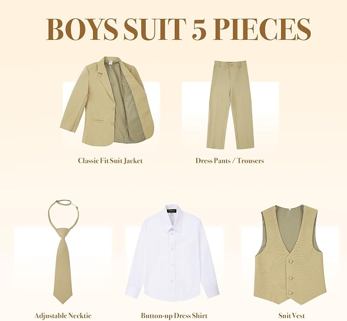 Luca Gabriel Toddler Boys' 5 Piece Classic Fit No Tail Formal Khaki Dress Suit - Image 2