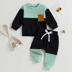 Toddler Baby Boy Fall Clothes Waffle Contrast Color Sweatshirt Pants Sets - Image 2