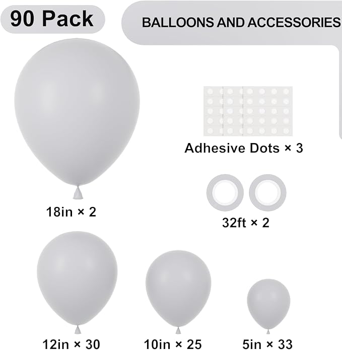 90pack Gray Balloons Different Size 18/12/10/5 Inch Pastel Grey Balloon Garland - Image 2