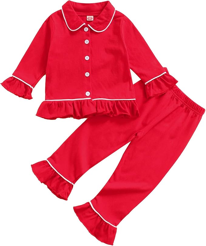 fhutpw Toddler Kids Baby Girl Pajamas Set Solid Color Ruffle Long Sleeve Button by fhutpw