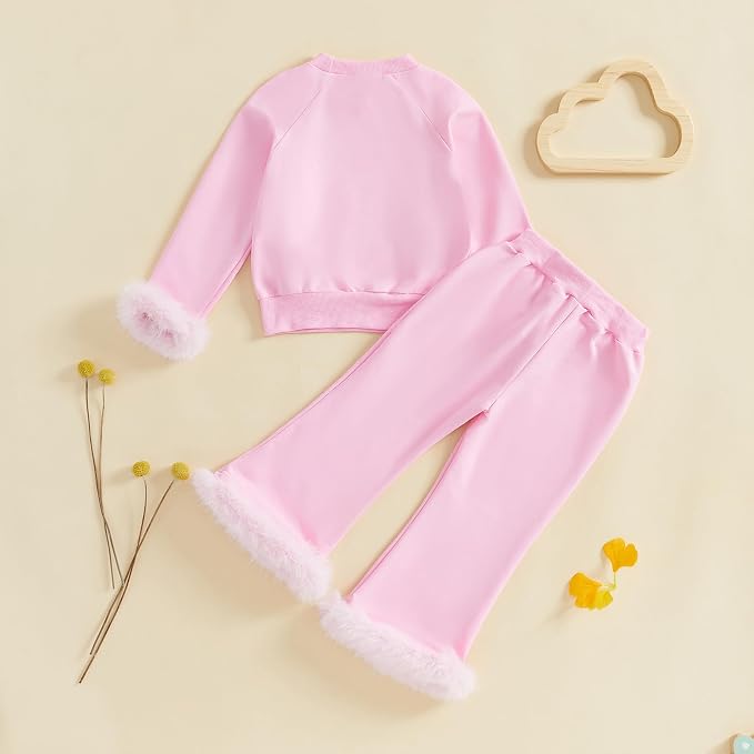 fyclemt Toddler Baby Girl Satin Pajama Set Feather Trim Long Sleeve Button - Image 3