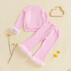 fyclemt Toddler Baby Girl Satin Pajama Set Feather Trim Long Sleeve Button - Image 3