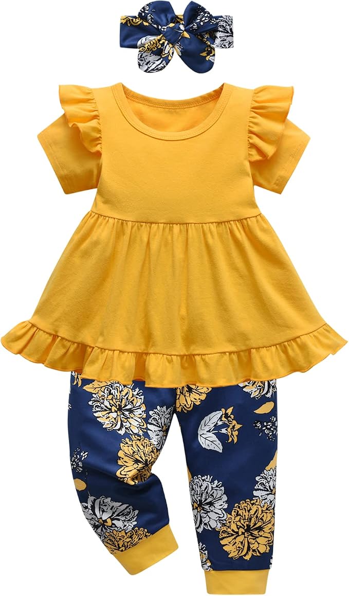 Kulcerry Toddler Baby Girl Clothes Solid Color Long Sleeve Ruffle Tops Pants - Image 2