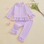 fhutpw Toddler Kids Baby Girl Pajamas Set Solid Color Ruffle Long Sleeve Button - Image 2