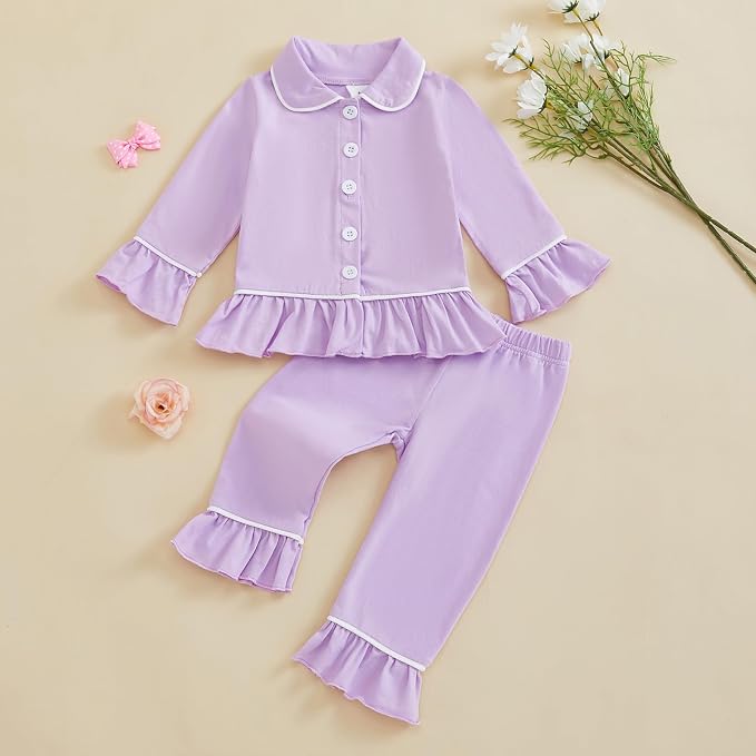 fhutpw Toddler Kids Baby Girl Pajamas Set Solid Color Ruffle Long Sleeve Button - Image 2