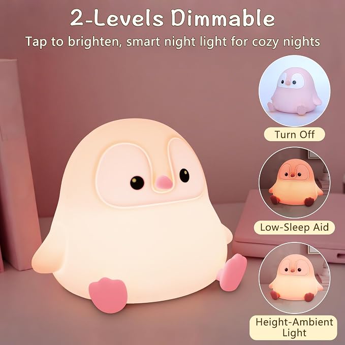 Penguin Night Light for Kids, Cute Pink Penguin Touch Lamp, Soft Silicone - Image 2