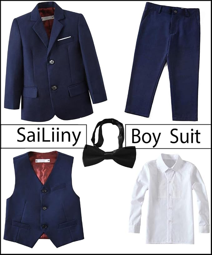 Boys Suits 5 Pieces Slim Fit Blazer Pants Black Blue Outfit Suit - Image 2