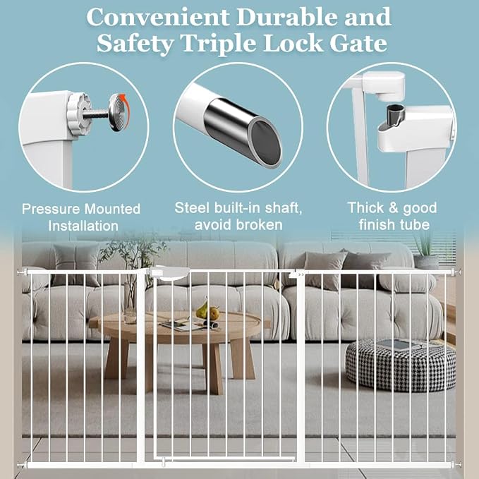 WAOWAO Triple Lock Baby Gate Extra Wide 53.93-57.87" Pressure Mounted Walk - Image 5