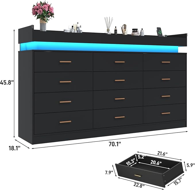 12 Drawer Dresser with LED Light and Charging Station, Wide Drawer Organizer - Image 2