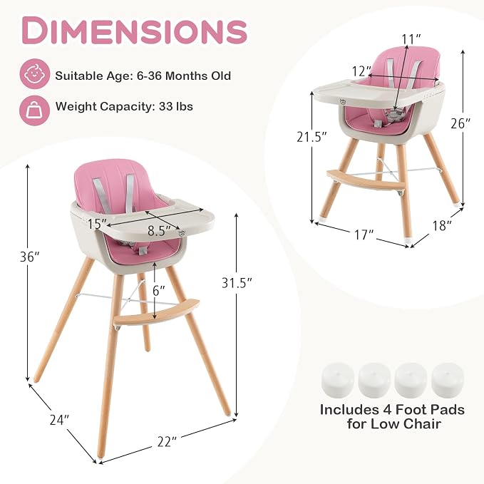 BABY JOY Convertible Baby High Chair, 3 in 1 Wooden Highchair/Booster/Chair - Image 6