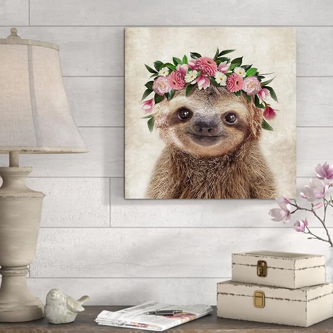 Oridomy Funny Sloth Wall Art Rustic Country Animal Canvas Print Sloth Wearing a - Image 2