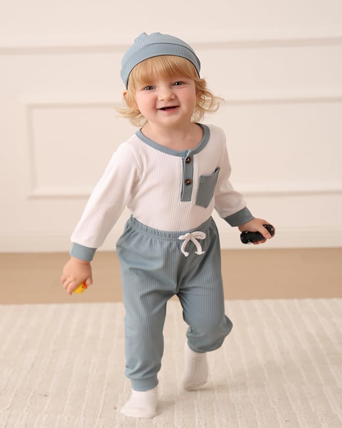 NZRVAWS Newborn Baby Boy Clothes Long Sleeve Romper Pant Set Hat 2-Pack Infant - Image 3