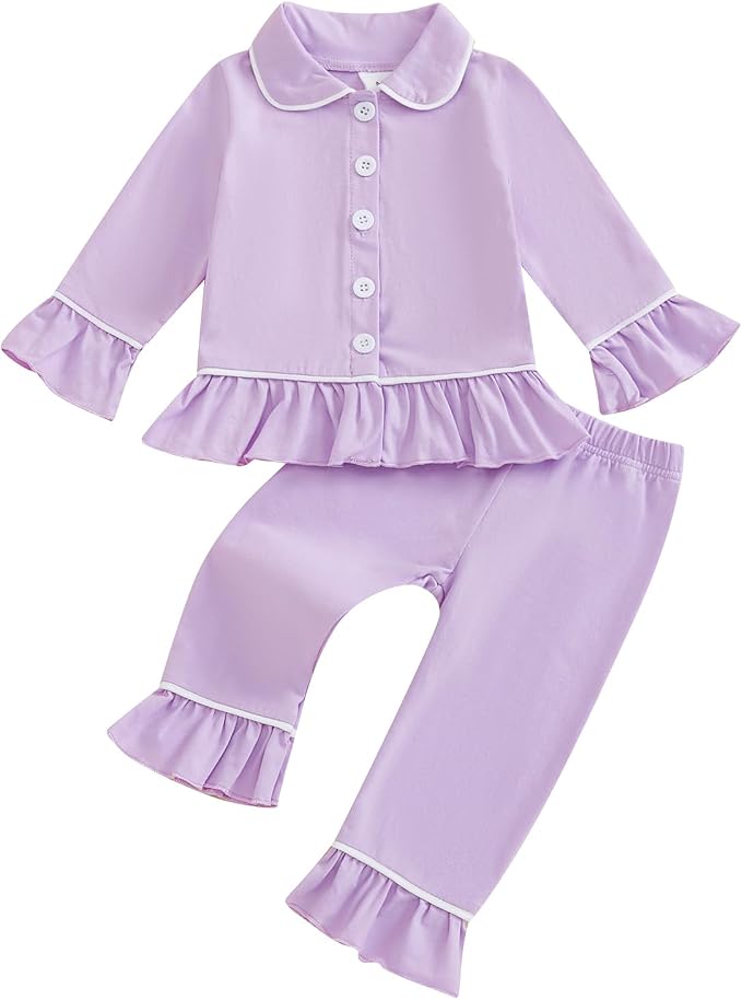 fhutpw Toddler Kids Baby Girl Pajamas Set Solid Color Ruffle Long Sleeve Button by fhutpw