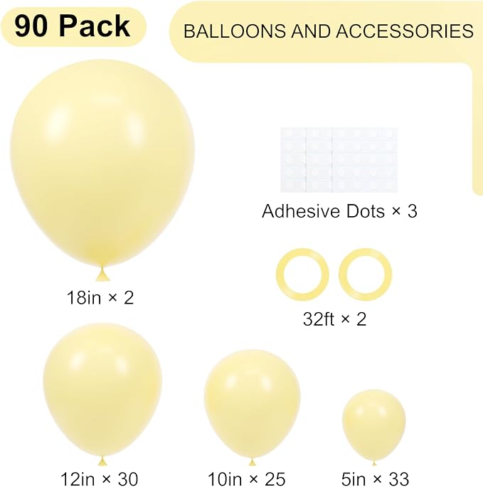 90pack Pastel Yellow Balloons Different Size 18/12/10/5 Inch Pastel Yellow - Image 2