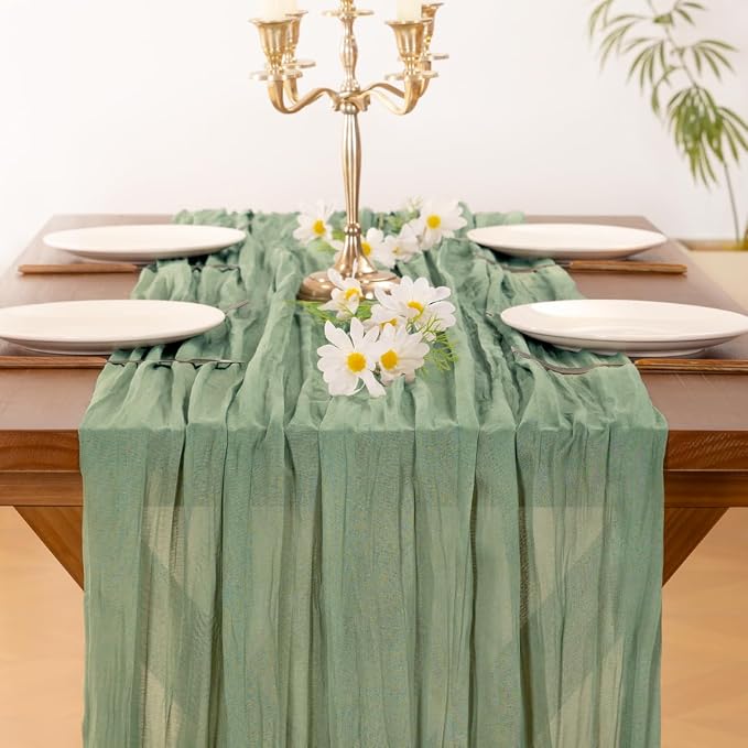 Socomi Sage Green Table Runner Spring Easter Cheesecloth Table Runner 170 inch - Image 6