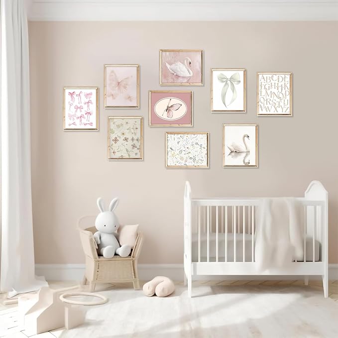 Pink Wall Decor Paintings Set Of 9, Cute Preppy Bow Swan Posters Prints Pictures - Image 2