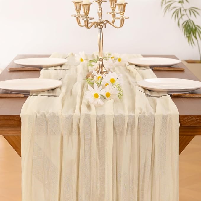 Socomi Beige Table Runner Spring Easter Cheesecloth Table Runner 170 inch - Image 6