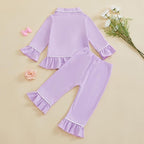 fhutpw Toddler Kids Baby Girl Pajamas Set Solid Color Ruffle Long Sleeve Button - Image 3