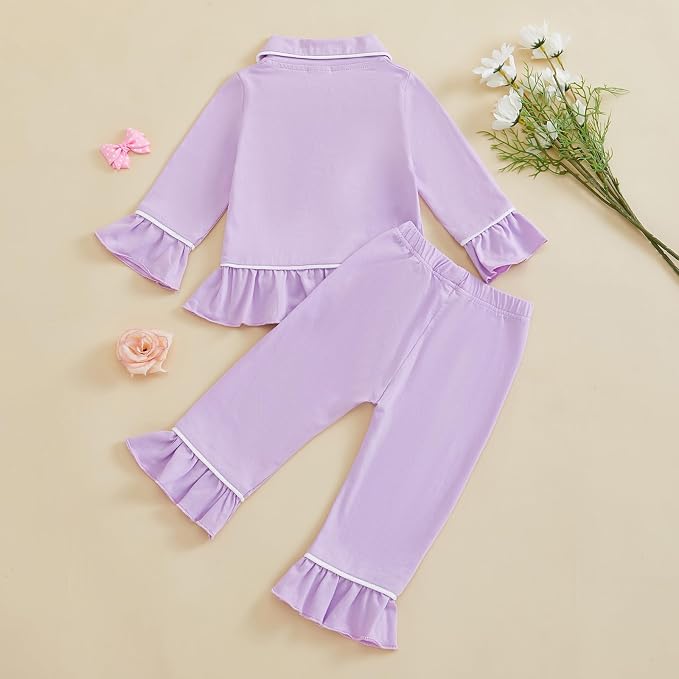 fhutpw Toddler Kids Baby Girl Pajamas Set Solid Color Ruffle Long Sleeve Button - Image 3
