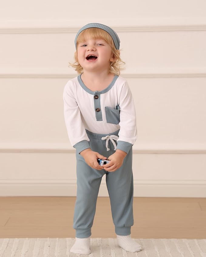 NZRVAWS Newborn Baby Boy Clothes Long Sleeve Romper Pant Set Hat 2-Pack Infant - Image 2