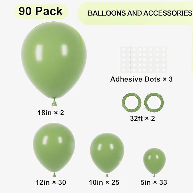 90pack Sage Green Balloons Different Size 18/12/10/5 Inch Olive Green Balloon - Image 2
