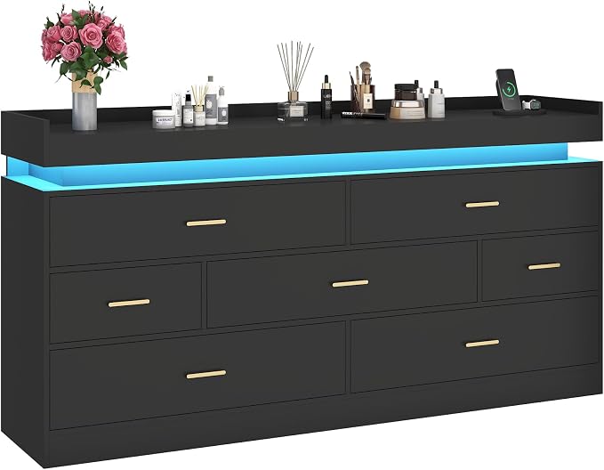 7 Drawer Dresser with LED Light and Charging Station, Wide Drawer Organizer - Image 9