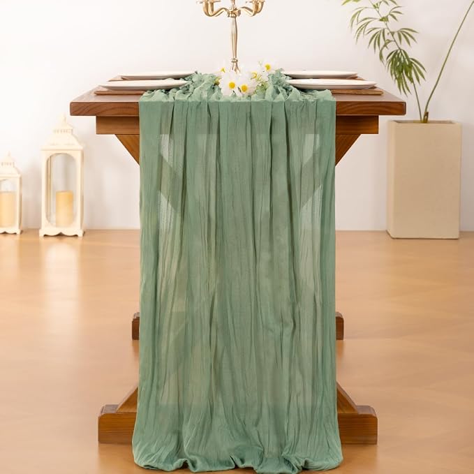 Socomi Sage Green Table Runner Spring Easter Cheesecloth Table Runner 170 inch - Image 4