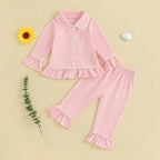 fhutpw Toddler Kids Baby Girl Pajamas Set Solid Color Ruffle Long Sleeve Button - Image 2