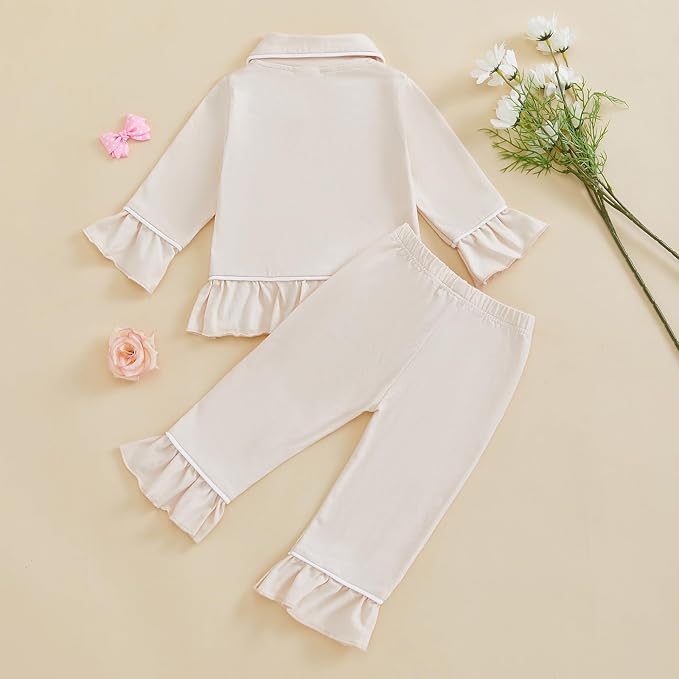 fhutpw Toddler Kids Baby Girl Pajamas Set Solid Color Ruffle Long Sleeve Button - Image 3