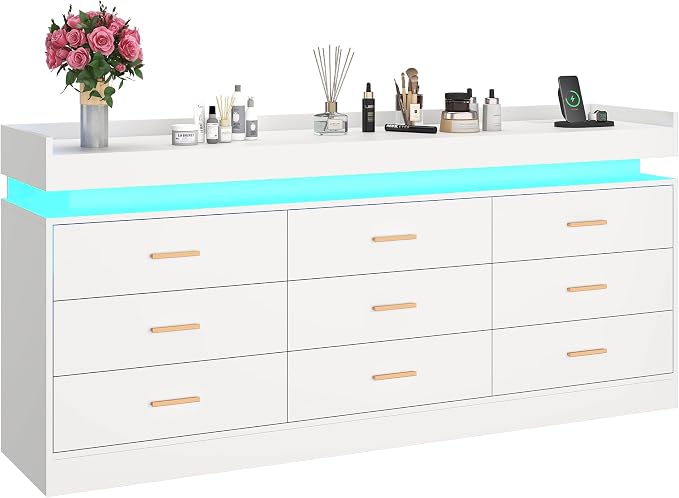 9 Drawer Dresser with LED Light and Charging Station, Wide Drawer Organizer - Image 8