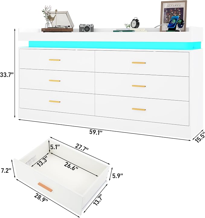 6 Drawer Dresser with LED Light and Charging Station, Wide Drawer Organizer - Image 3