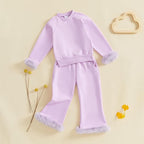 fyclemt Toddler Baby Girl Satin Pajama Set Feather Trim Long Sleeve Button - Image 4
