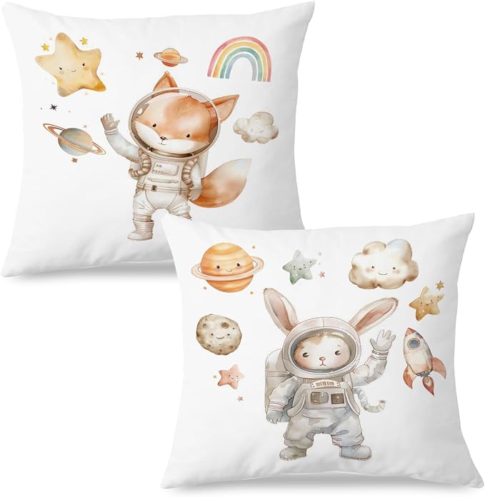 SPBL&L Fox Bunny Astronaut Nursery Pillow Covers 18x18 Set of 2, Space Nursery by SPBLL