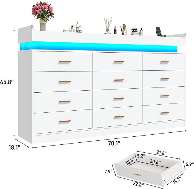 12 Drawer Dresser with LED Light and Charging Station, Wide Drawer Organizer - Image 2