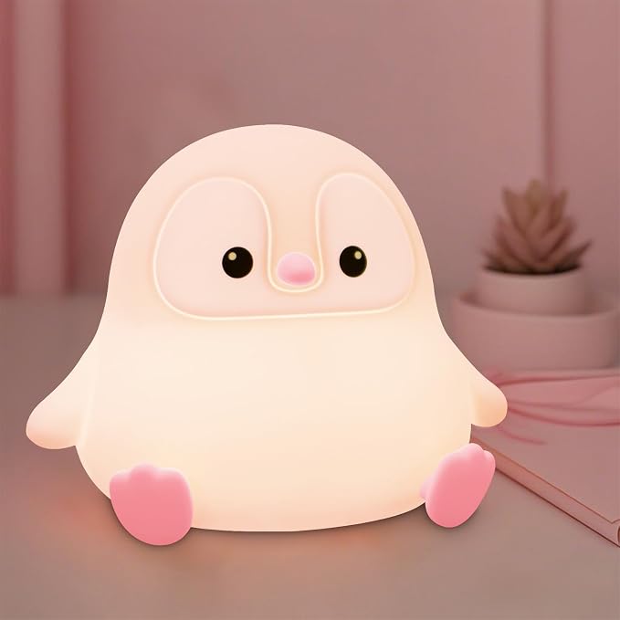 Penguin Night Light for Kids, Cute Pink Penguin Touch Lamp, Soft Silicone by FAMIDUO-BrightenYourLife