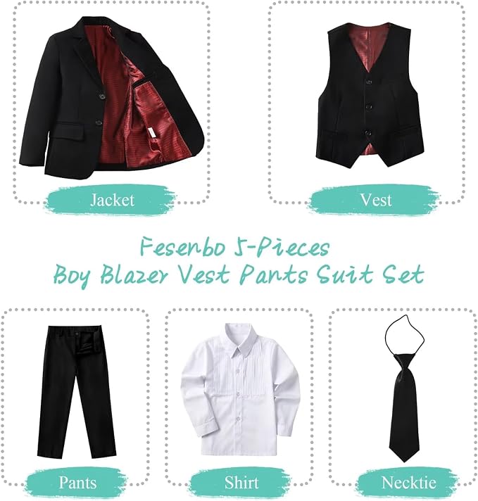 Boy's Suit Formal Slim Fit 5 Pieces Suit Set Blazer Vest Pants - Image 2
