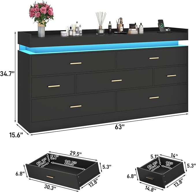 7 Drawer Dresser with LED Light and Charging Station, Wide Drawer Organizer - Image 2