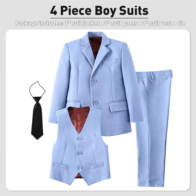 Boys Suit 4 Pcs Slim Fit Set Casual Suits Wedding Outfit Prom Jacket Vest Pant - Image 3