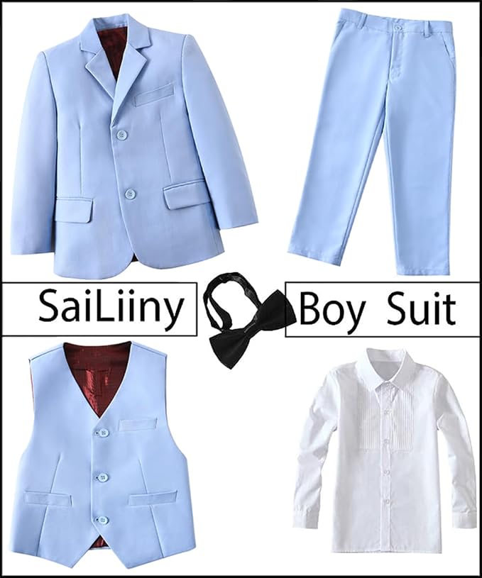 Boys Suits 5 Pieces Slim Fit Blazer Pants Black Blue Outfit Suit - Image 2