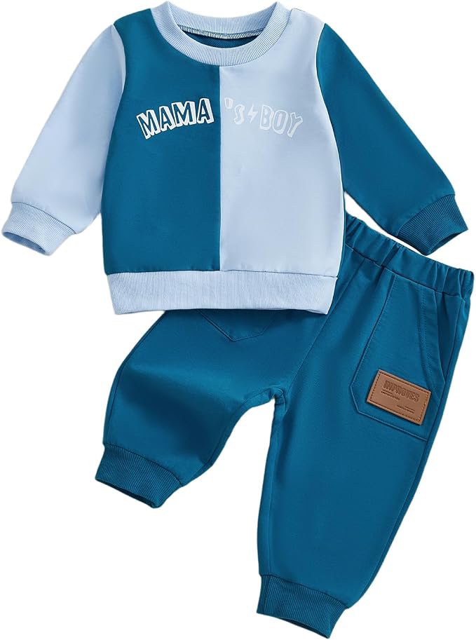 Baby Boy Fall Outfits Mama's Boy Letter Print Color Block Sweatshirt And Pants by Unknown