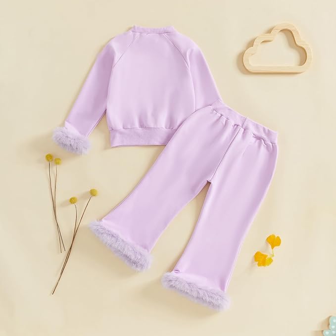 fyclemt Toddler Baby Girl Satin Pajama Set Feather Trim Long Sleeve Button - Image 5
