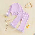 fyclemt Toddler Baby Girl Satin Pajama Set Feather Trim Long Sleeve Button - Image 5